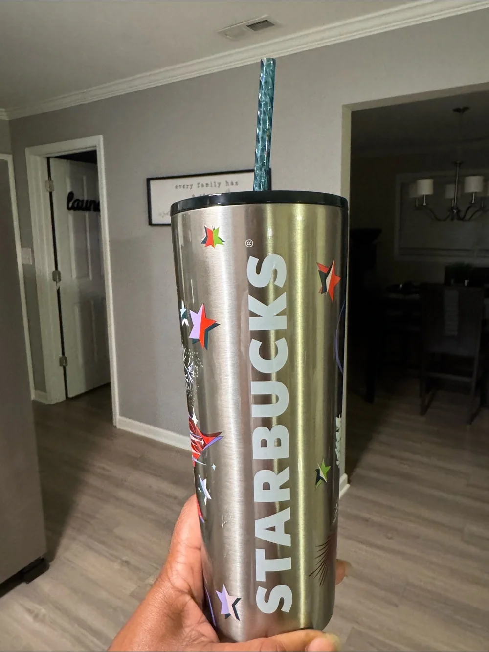 Starbucks Silver Stainless Travel Tumbler with Multicolor Star Accents